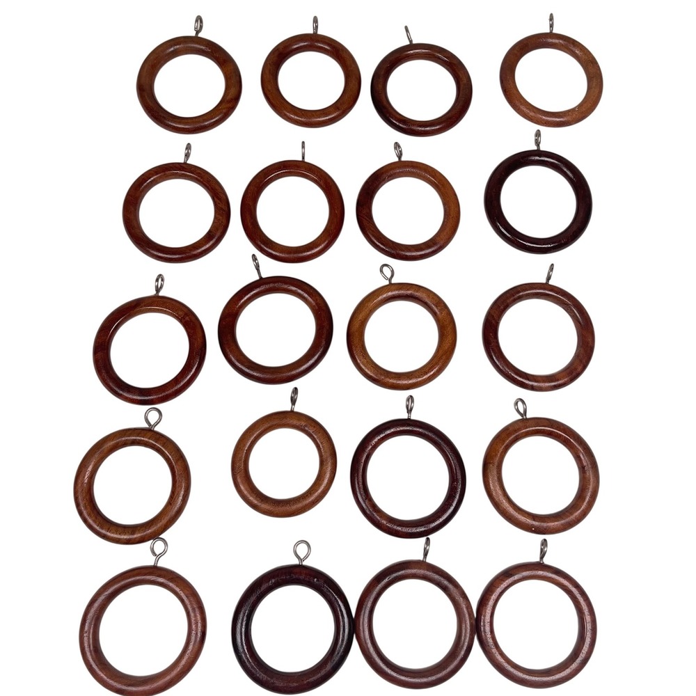 Vintage Wood Curtain Rings Set of 20 Brown Mahogany Walnut Finish Drapery Hooks